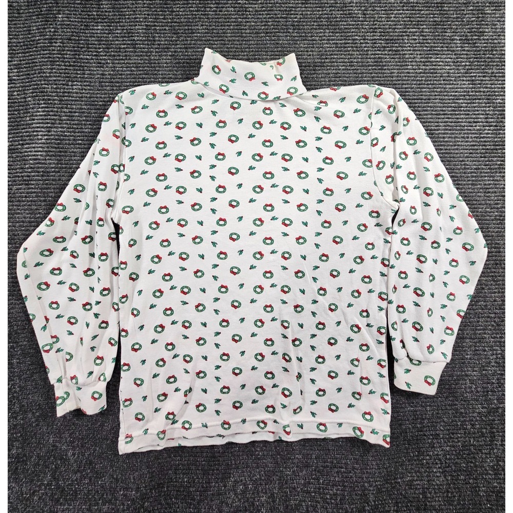 Karen Scott Christmas Shirt Womens M White Holiday Wreath Bow Printed Turtleneck